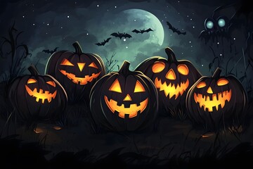 Pumpkins with different evil faces in Halloween night. Generative AI.