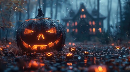 Wall Mural - Halloween background with Evil Pumpkin. Spooky scary dark Night forest. Holiday event halloween banner background concept. Generative AI.