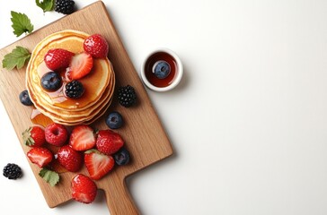 Sticker - Pancakes with Strawberries and Blueberries on a Wooden Cutting Board