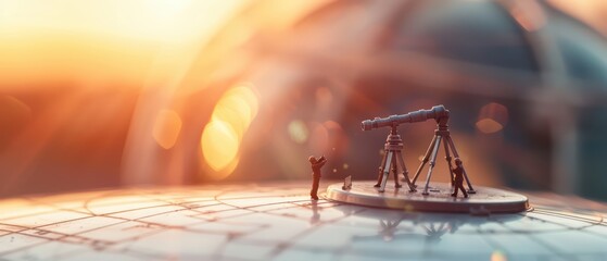 A miniature telescope on a globe during sunset, symbolizing exploration and discovery in astronomy.