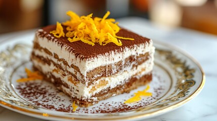 Wall Mural - Tiramisu topped with orange zest, on a vintage plate with a classic Italian café backdrop