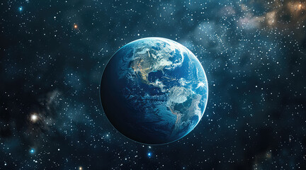 Poster - Earth with visible atmospheric glow, detailed surface, starry background, soft lighting. Generative AI.