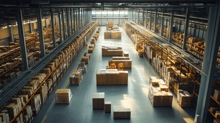 Poster - Warehouse interior with stacked cardboard boxes and forklift