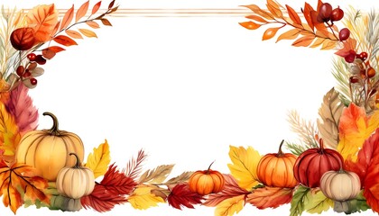 Autumn-themed rectangular border watercolor painting with a white background, an autumn color palette