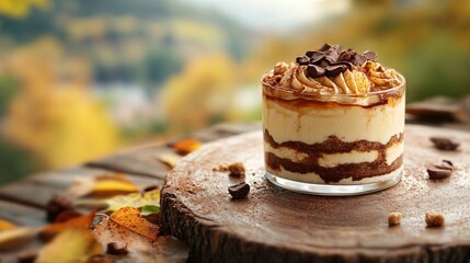 Wall Mural - Tiramisu with caramelized sugar on top, set against a warm, autumnal backdrop