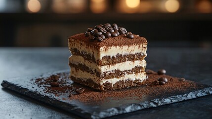 Tiramisu with layers of coffee-soaked ladyfingers, on a dark slate board with a dramatic lighting backdrop