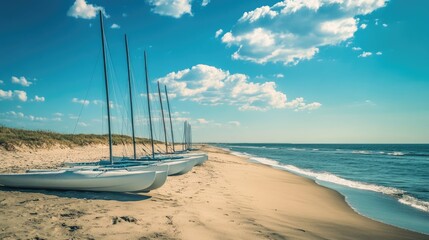 New Jersey Shore Line. Catamarans Resting on the Beach on a Sunny Summer Day