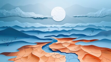 A serene landscape featuring abstract layers in blue and orange, illuminated by a bright moon and a calm riverbed.