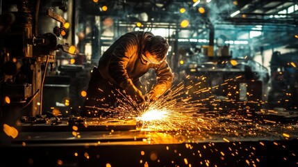 Poster - Industrial Worker Grinding Metal with Sparks Flying