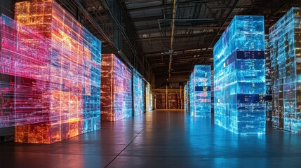 Poster - A Hallway Lit by Glowing Cubes of Data
