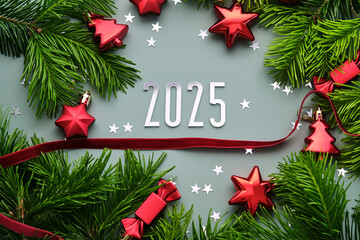 Wall Mural - new year 2025 background. number of the coming year in christmas decoration.
