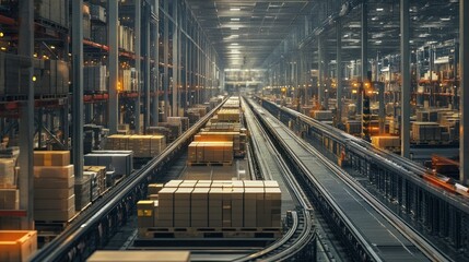 Poster - Automated Conveyor System Moving Pallets of Cardboard Boxes Through a Large Warehouse