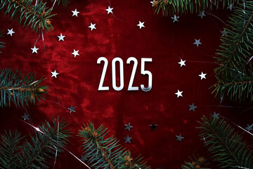 Wall Mural - new year red 2025 background. number of the coming year in christmas decoration.