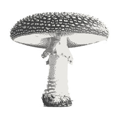 Dither monochrome mushroom with halftone effect in a trendy bitmap style. Contemporary stipple grunge punk element. Vintage dotted sticker for poster art or t-shirt.