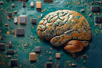 Wall Mural - Brain on a printed circuit board PCB, digital immortality, brain computer interface BCI, neurorobotics, singularity, transhumanism