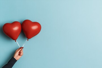 A hand holds two red heart-shaped balloons against a simple blue background, representing love and happiness in a minimalist and vibrant composition.