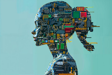Woman silhouette with PCB printed circuit board, women in computer coding technology engineering