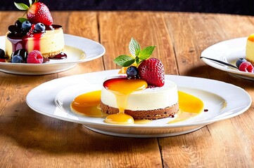 Three plates of dessert with strawberries, blueberries, and raspberries on top. The desserts are on a wooden table