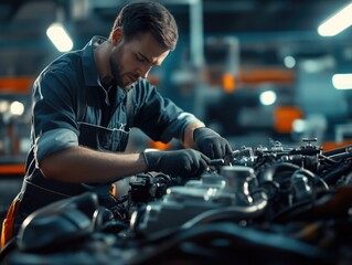 Wall Mural - Man working on car engine in garage