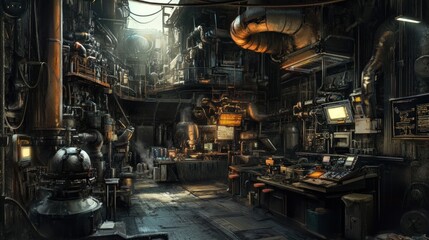 Poster - Industrial Interior with Rusty Pipes and Control Panels