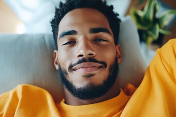 A man with a beard and mustache smiles contentedly while lying on a pillow in a casual setting. His relaxed demeanor and the bright yellow shirt create a comfortable atmosphere.