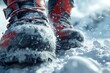 © Piya - Close-up of rugged red hiking boots walking through snowy terrain with ice and snow spraying from each step on a cold winter daywinter