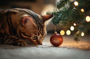 Wall Mural - Close-up of a Bengal cat playing with a Christmas tree ornament near a decorated Christmas tree, on the floor, with bokeh lights in the background, soft lighting, warm colors