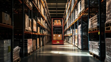 Poster - Forklift Moving Cardboard Boxes Between High Warehouse Shelves