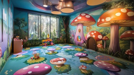 Wall Mural - A child room with a soft, colorful carpet featuring cartoon mushrooms and trees, and a wall adorned with fantastical woodland murals