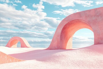 Wall Mural - Pink Arches Over a Sandy Landscape with a Blue Sky and Ocean in the Distance