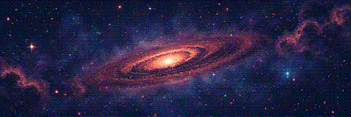 Aufkleber - Pixelated amazing huge spiral galaxy and glowing stars in universe. Panoramic deep space scene background in vintage pixelart style with dithering effect for 8-bit retro videogame. Vector illustration