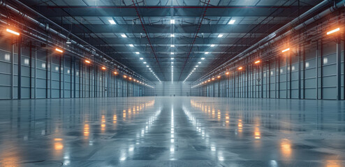 Poster - A vast, empty industrial warehouse with a high ceiling and numerous bright overhead lights, creating a sense of spaciousness and efficiency. The polished concrete floor reflects the lighting.