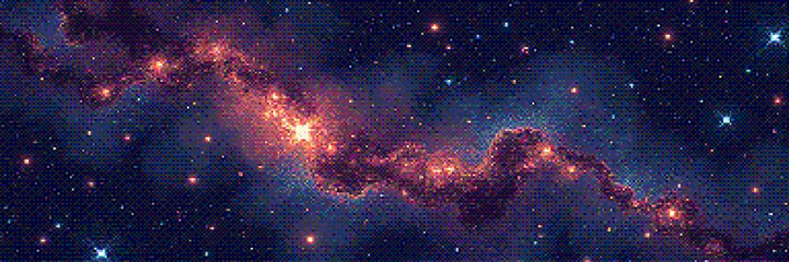 Canvas Print - Pixelated amazing huge nebula and glowing stars in universe. Panoramic deep space scene background in vintage pixel art style with dithering effect for 8-bit retro videogame. Vector illustration