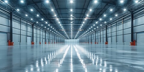 Poster - A vast, empty industrial warehouse with a high ceiling and numerous bright overhead lights, creating a sense of spaciousness and efficiency. The polished concrete floor reflects the lighting.