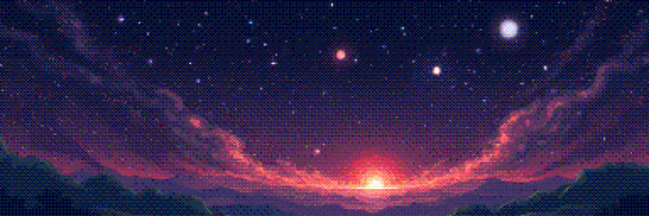Aufkleber - Pixelated beautiful sunset on alien planet horizon in universe. Panoramic deep space scene background in vintage pixel art style with dithering effect for 8-bit retro video game. Vector illustration