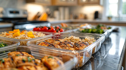 Prepared meals arranged neatly on a kitchen counter for convenient storage