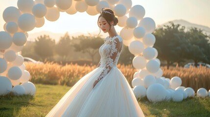 Wall Mural - A Chinese woman wearing a white wedding dress is on an outdoor lawn, with a balloon arch behind her. Generative AI.