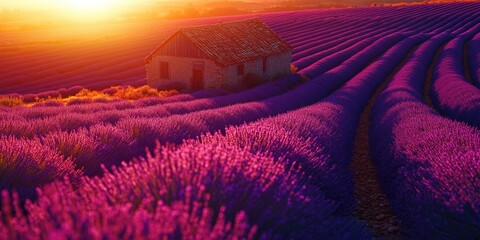 Canvas Print - House in Lavender Field Sunset