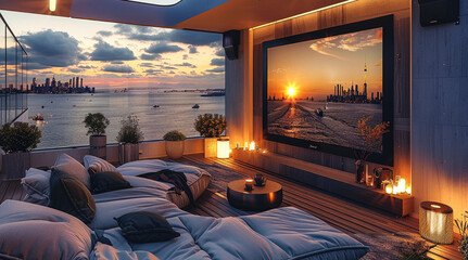 Wall Mural - Home cinema in a terrace on roof top, dome lights, sunset. Generative AI.