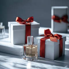 Two white and grey paper gift boxes with red ribbon and a small white card, with glass perfume bottles inside the boxes. The background is a light gray color. Generative AI.