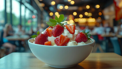 A fresh bowl of strawberries with cream, perfect for summer desserts and healthy treats in a cozy cafe setting.