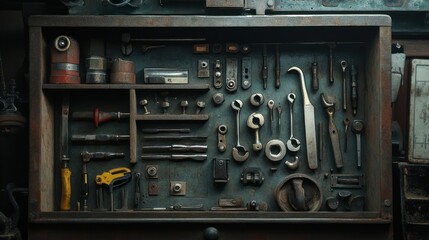 An Assortment of Tools in a Rusty Metal Toolbox