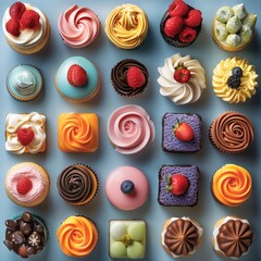Poster - Colorful desserts background, featuring vibrant and colorful desserts arranged in an aesthetically pleasing pattern on the surface of a solid background. top view. Generative AI.