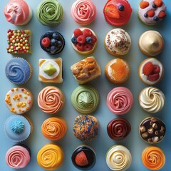 Poster - Colorful desserts background, featuring vibrant and colorful desserts arranged in an aesthetically pleasing pattern on the surface of a solid background. top view. Generative AI.