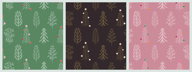 Set of Christmas patterns with cute Christmas trees, winter background with Christmas trees.