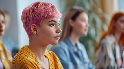 Wall Mural - NON BINARY teenagers at group meeting with psychologist, support group, bullying at school. 