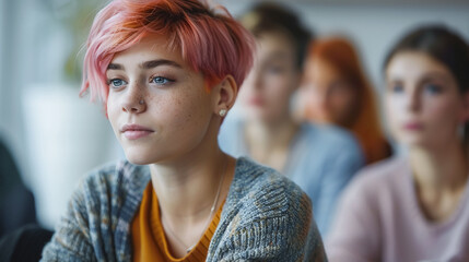 Wall Mural - NON BINARY teenagers at group meeting with psychologist, support group, bullying at school. 