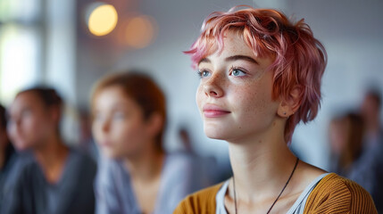 Wall Mural - NON BINARY teenagers at group meeting with psychologist, support group, bullying at school. 