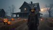 © Jessada - A frightful scarecrow with a sinister, gnarled face looms in front of an old, abandoned farmhouse. The farmhouse is dark and decrepit, with broken windows and a sagging roof.