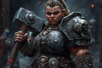 powerful female dwarf warrior in intricate armor gripping a war hammer in the midst of a raging battle her face marked with determination and battle scars